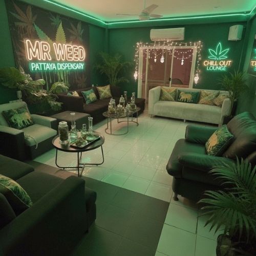Mr Weed Pattaya second-floor chill lounge with comfortable seating, PlayStation and a relaxed atmosphere